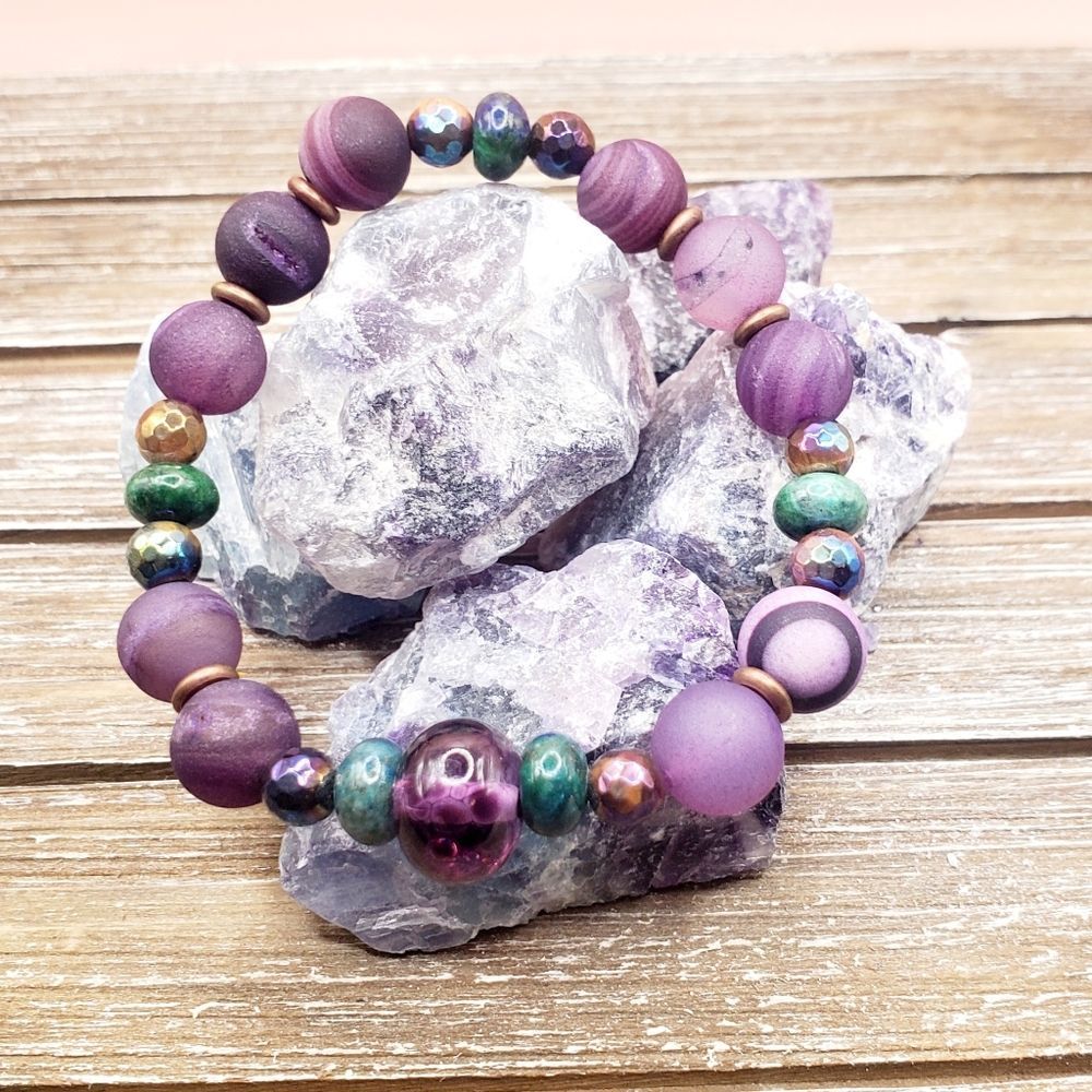 Purple Druzy Agate, Chrysocolla, Tigers Eye, Copper and Lampwork Bracelet